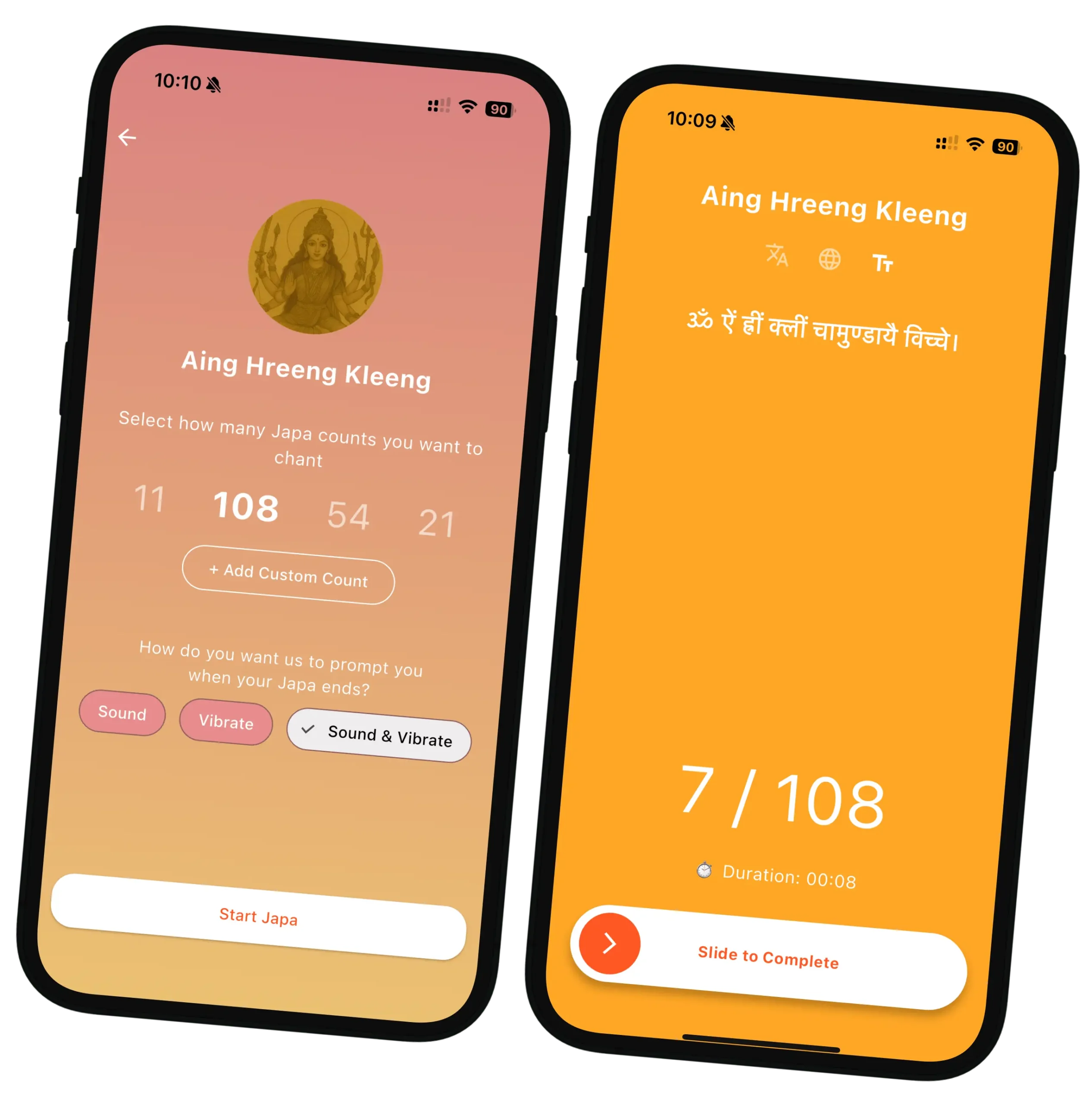 Mala Japa Section on myBhakti app, lets the user to tap on the screen to count Japa